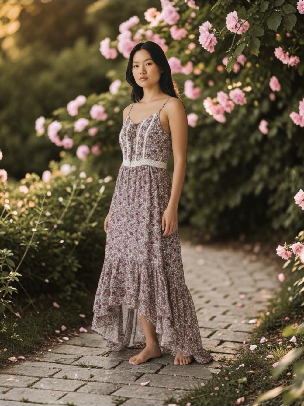 Japna Floral Romantic Cottagecore Dress with Lace Trim Women’s Med